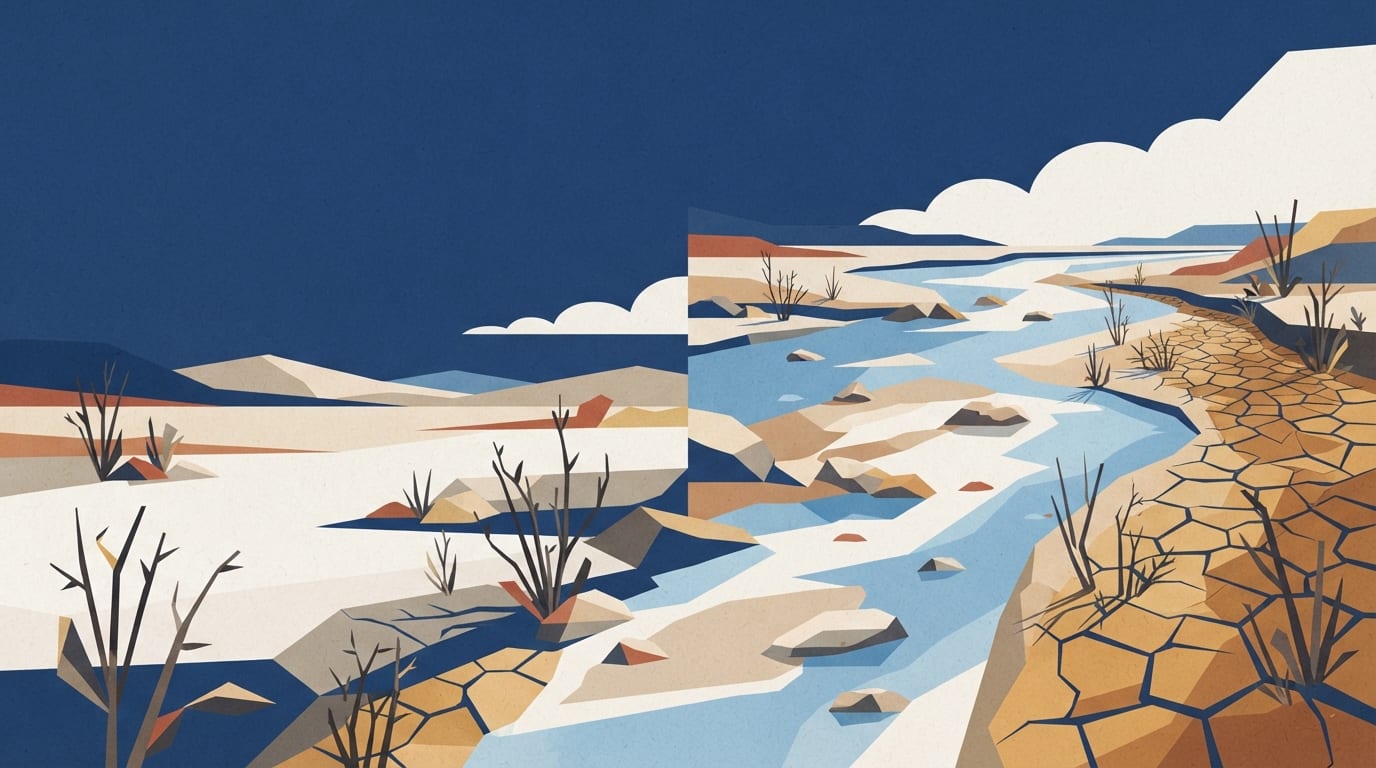 Ilustração: solo ressecado e rachado com vegetação seca sob sol forte.