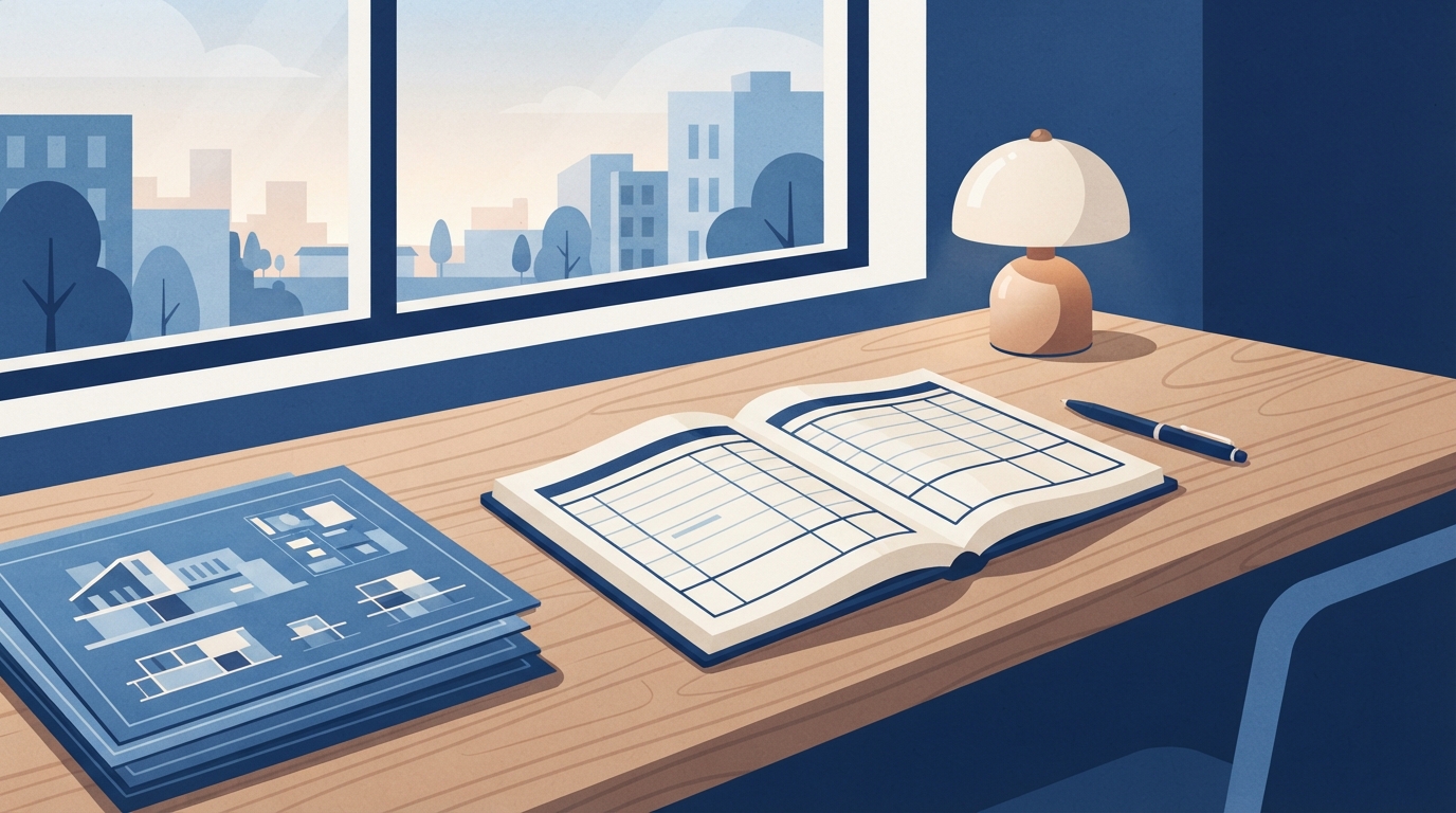 Ilustração: mesa de trabalho com documentos e plantas de arquitetura, simbolizando planejamento institucional e desenvolvimento econômico.
