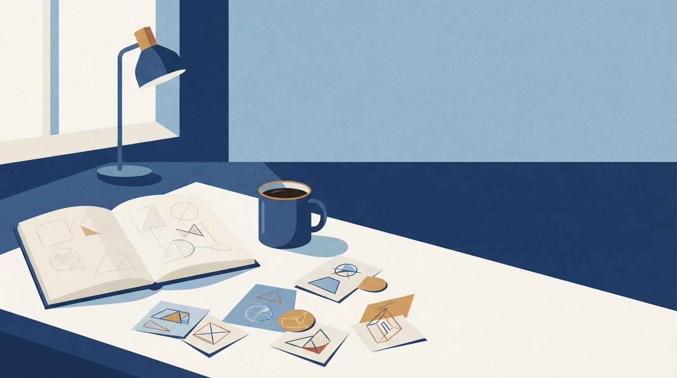 Ilustração: ambiente de trabalho com notebook aberto, café e desenhos de ideias inovadoras.