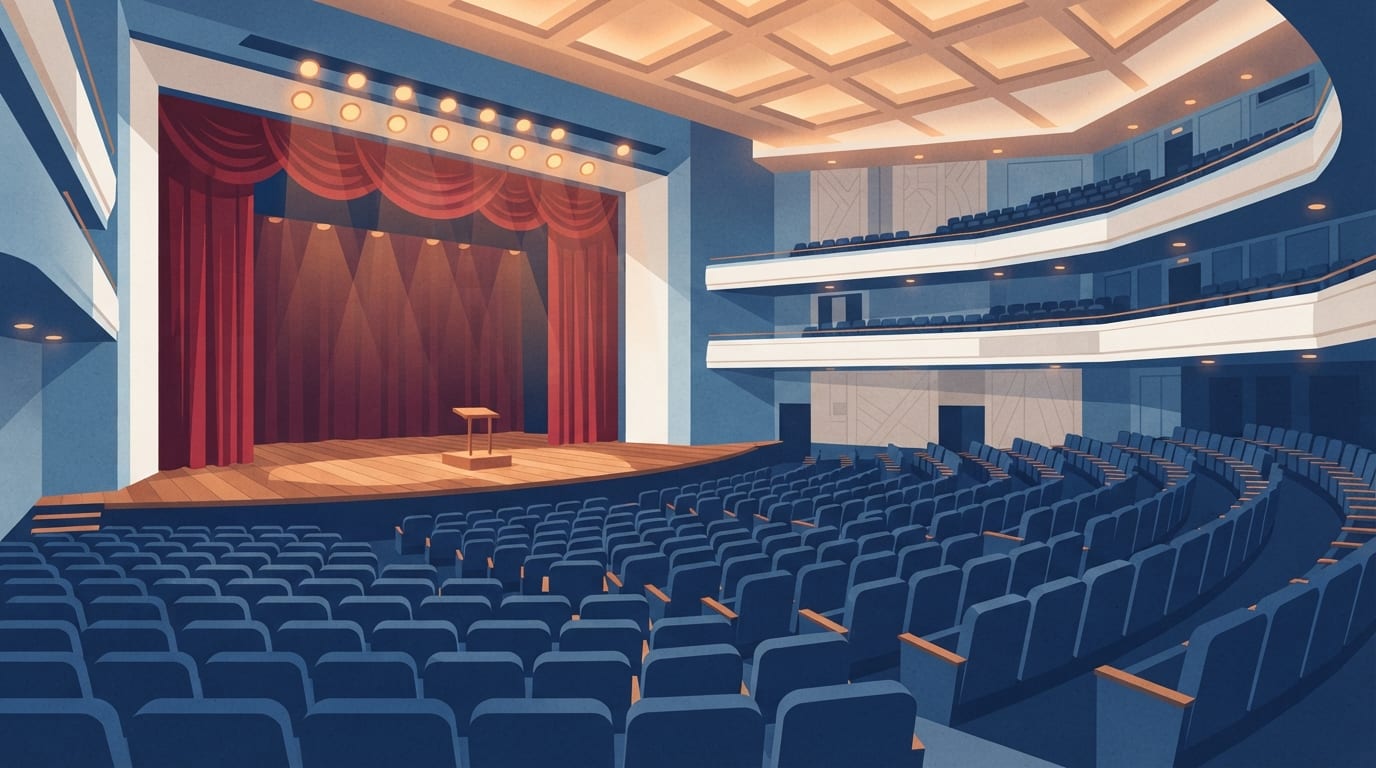 Ilustração: interior de sala de concertos com palco de madeira e cortinas vermelhas.