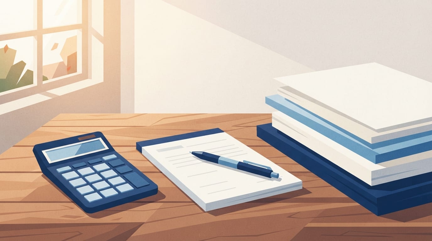 Ilustração: mesa de trabalho com calculadora, caneta e papéis empilhados em luz natural.