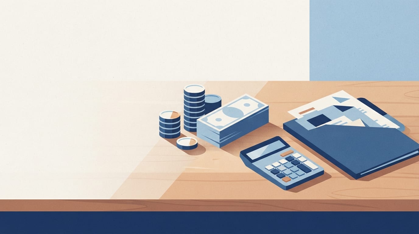 Ilustração: Moedas, notas, calculadora e documentos financeiros sobre uma mesa de madeira