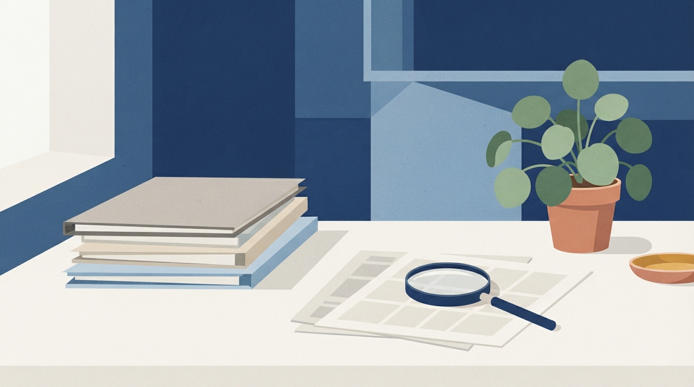 Ilustração: documentos e pastas sobre uma mesa com lupa, representando análise de regulamentações previdenciárias.