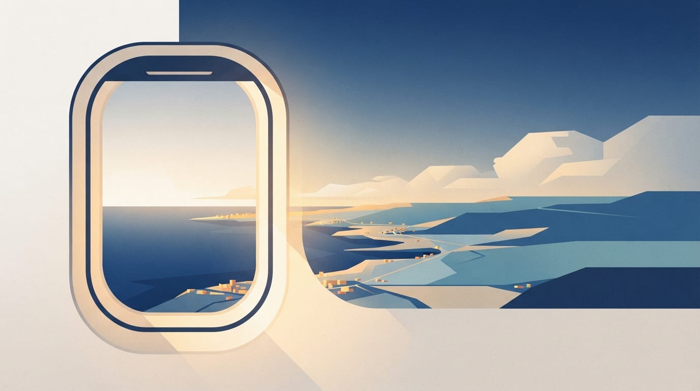 Ilustração: janela de avião com vista para litoral e oceano ao entardecer.