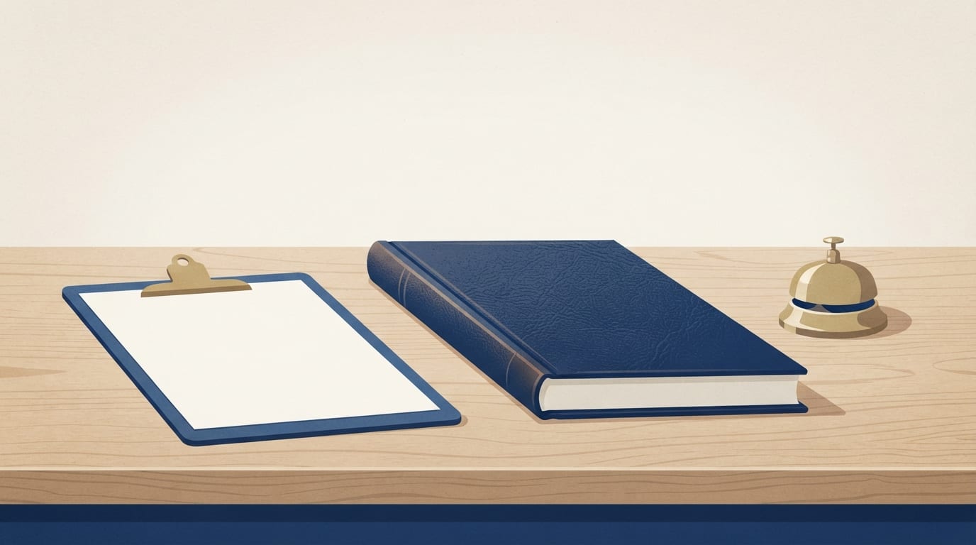 Ilustração: Objetos genéricos de administração pública — prancheta vazia, livro de atas fechado e sino de latão sobre mesa de madeira em luz suave.