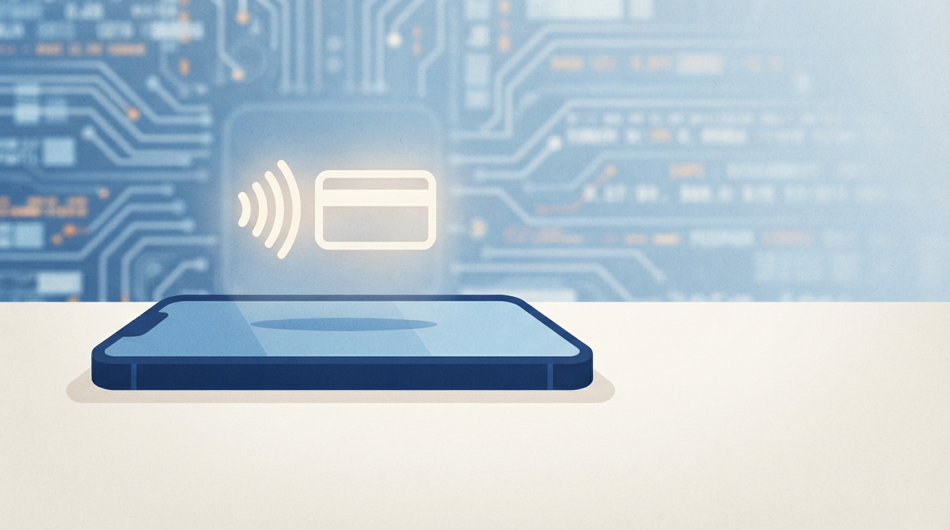 Ilustração: smartphone com símbolo de pagamento por aproximação.