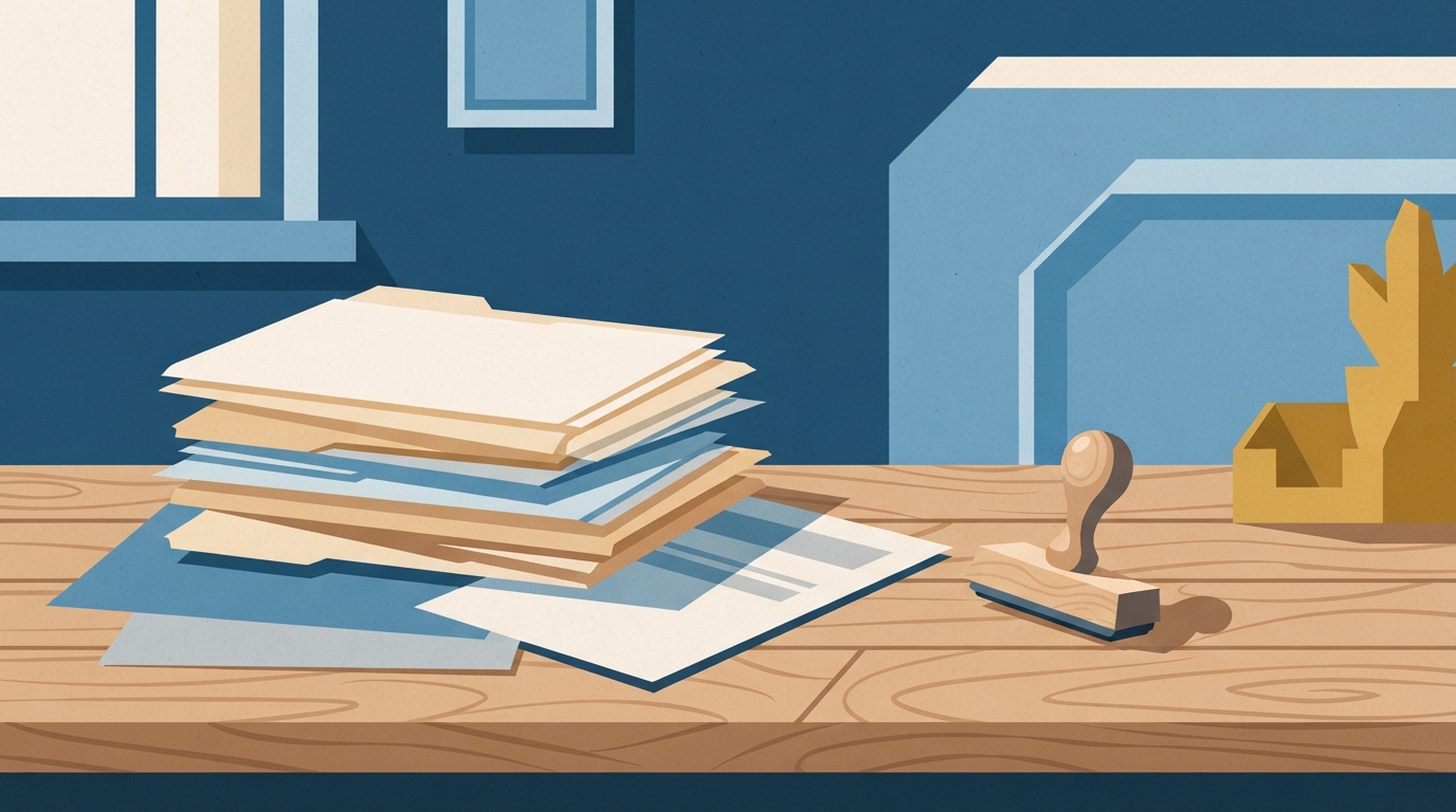 Ilustração: documentos oficiais empilhados sobre uma mesa.