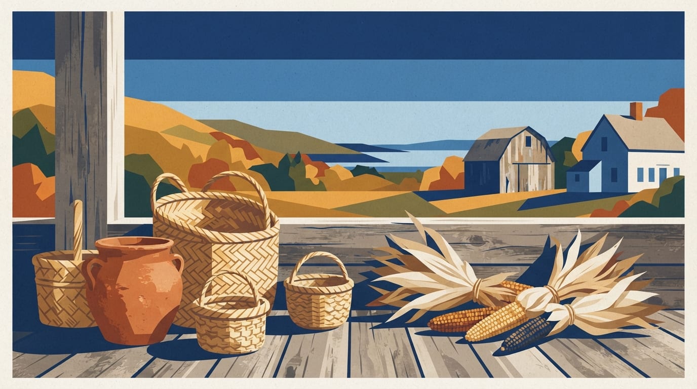 Ilustração: Elementos culturais do Nordeste, como cerâmica de barro, cestos de palha e milho seco.