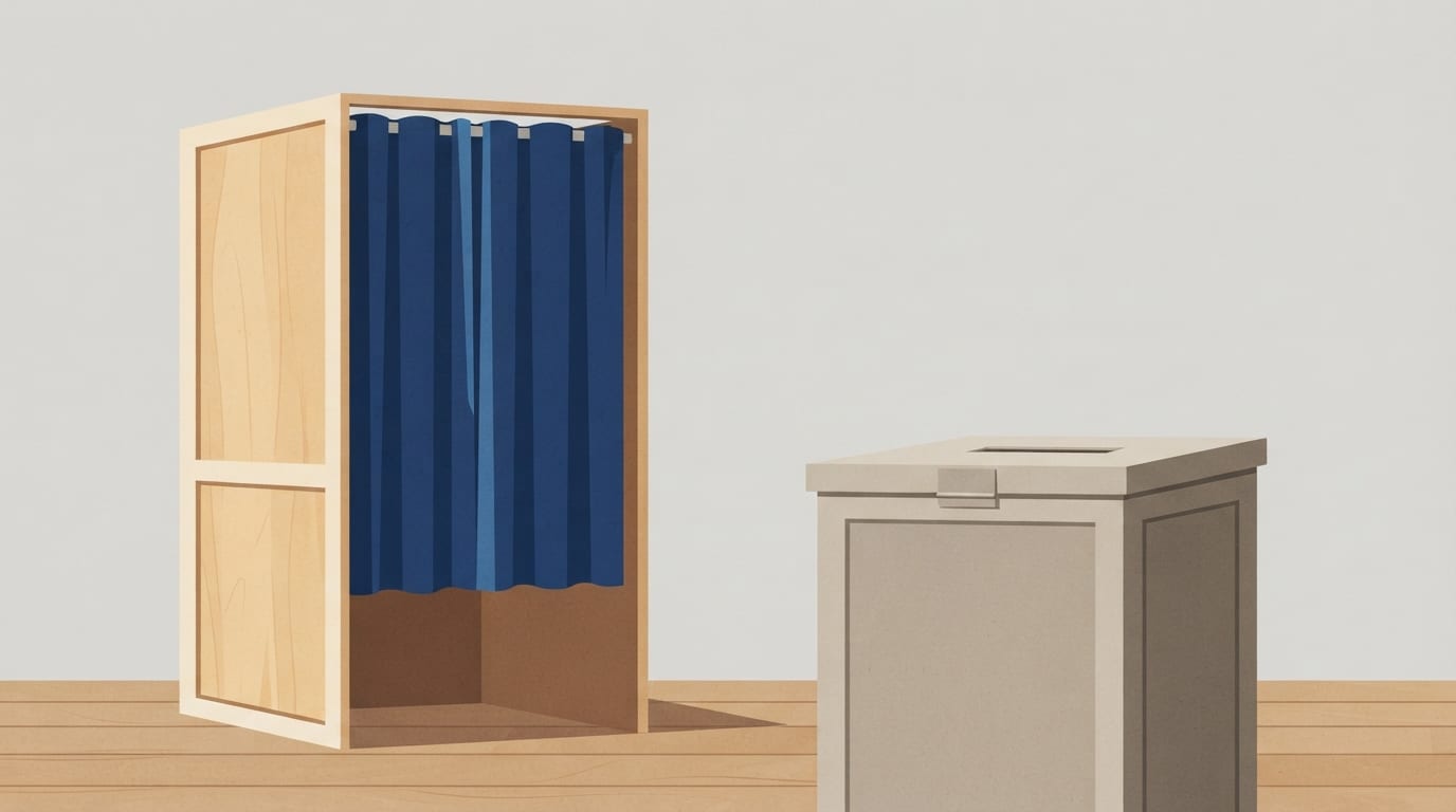 Ilustração: urna de votação e cabine de voto em tons neutros, representando tema eleitoral.
