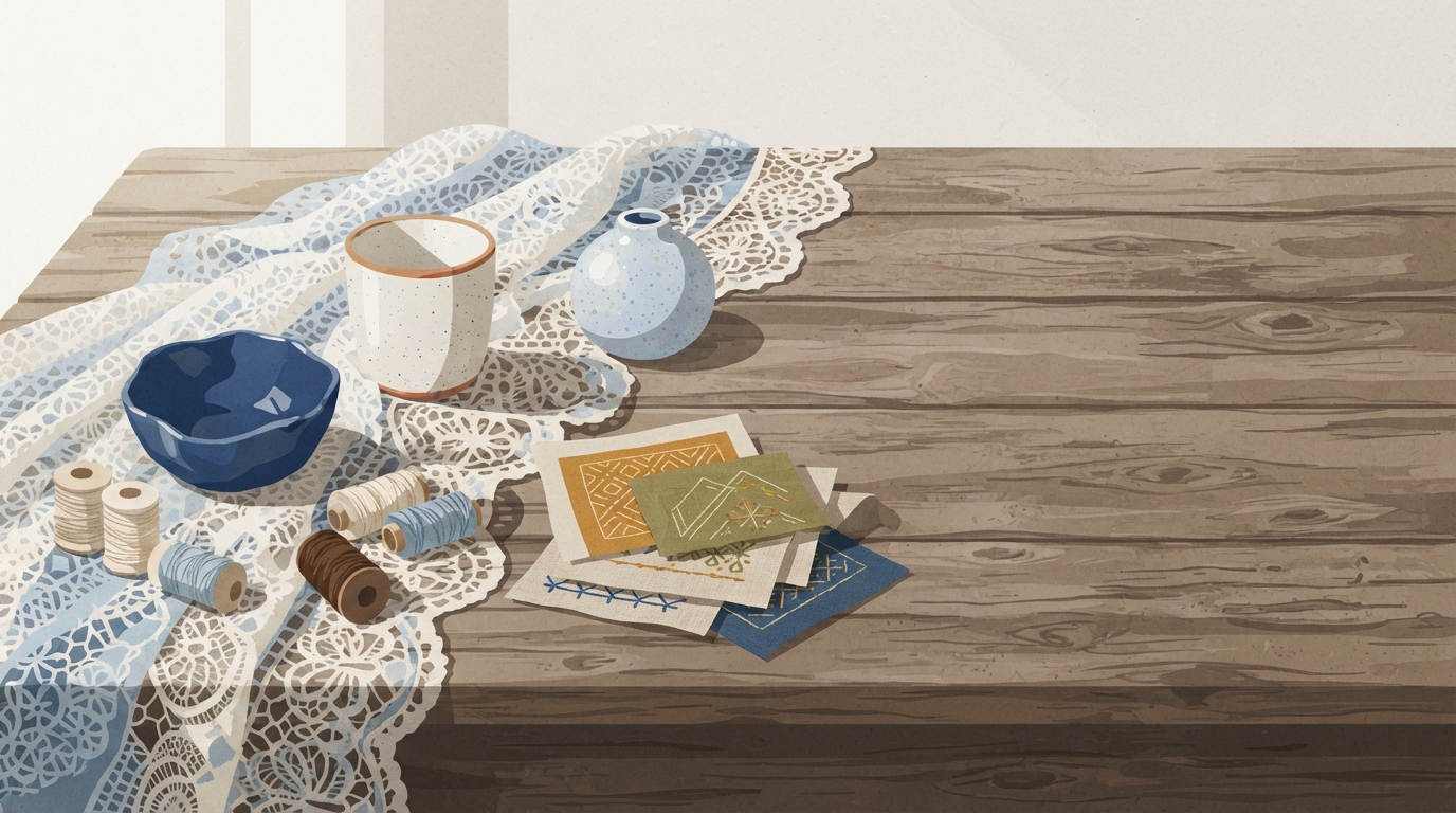 Ilustração: Detalhes de trabalhos artesanais tradicionais paraibanos como renda, cerâmica e bordado sobre madeira rústica.