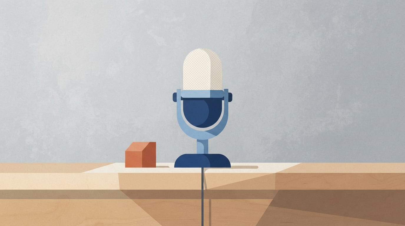 Ilustração: Microfone sobre mesa de madeira em ambiente de estúdio, representando entrevista política.