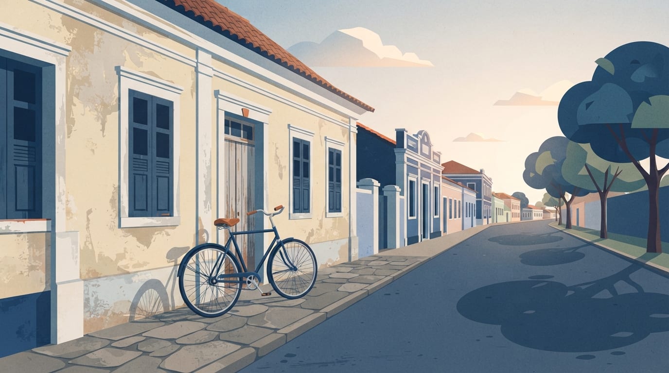 Ilustração: bicicleta em frente a arquitetura colonial histórica em estrada arborizada.