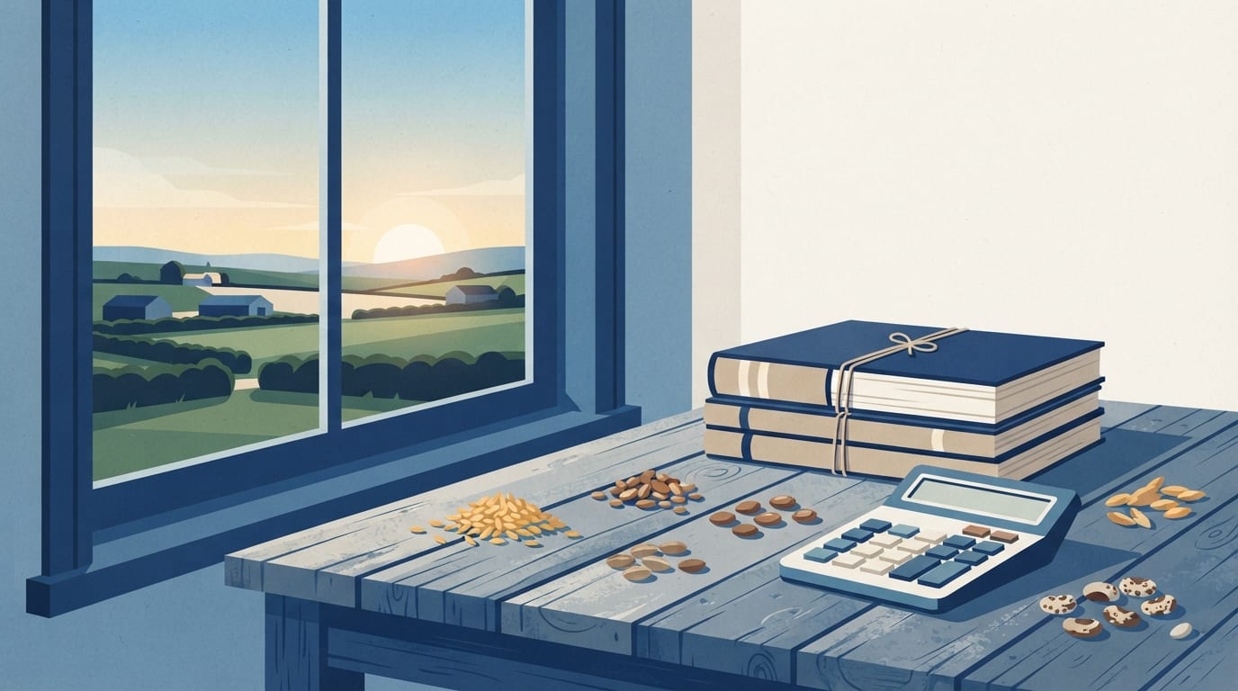 Ilustração: mesa com documentos contábeis, calculadora e amostras de produtos agrícolas ao lado de uma janela com vista para campo ao amanhecer.