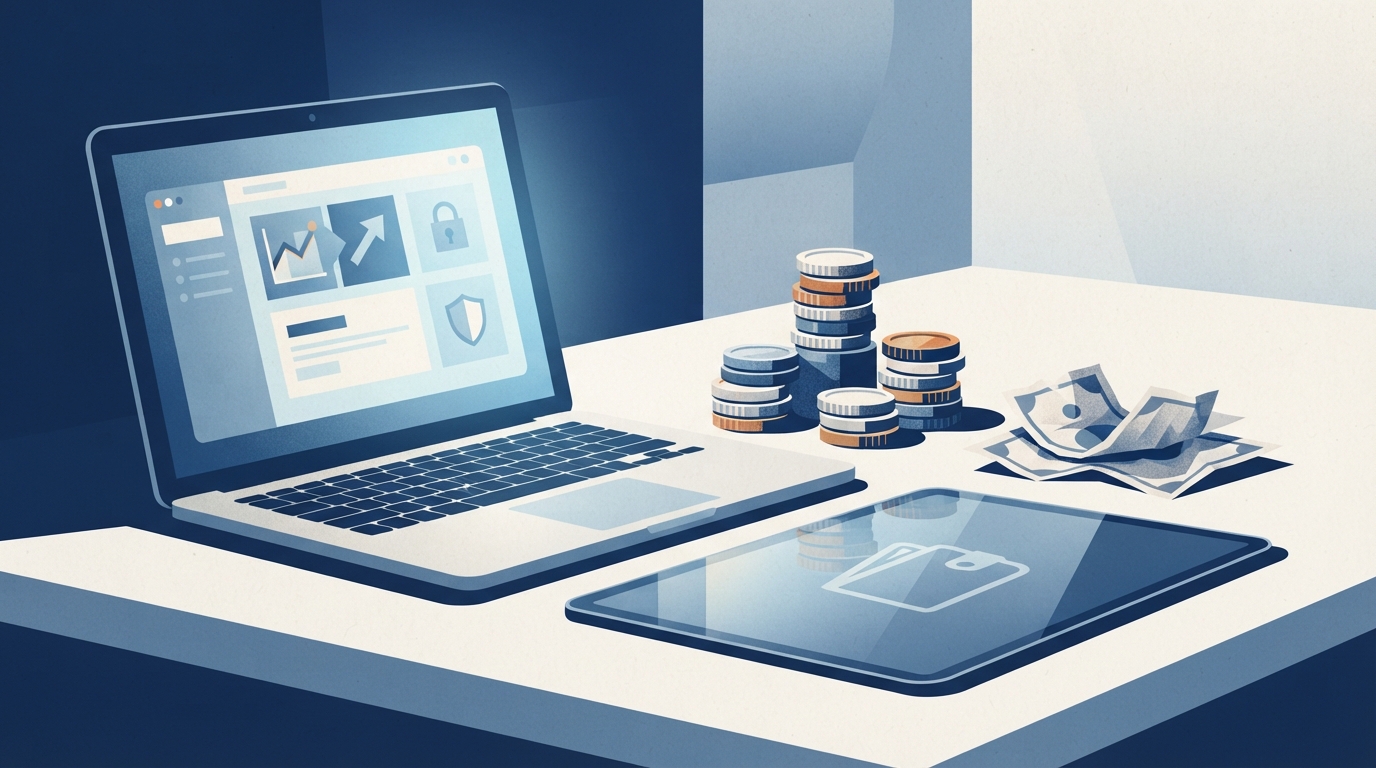 Ilustração: tela de computador, moedas e notas de dinheiro, símbolo de carteira digital