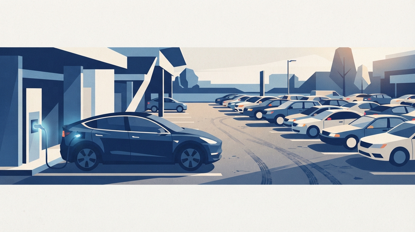 Ilustração: carro elétrico em estação de recarga e estacionamento de veículos usados sob luz da tarde