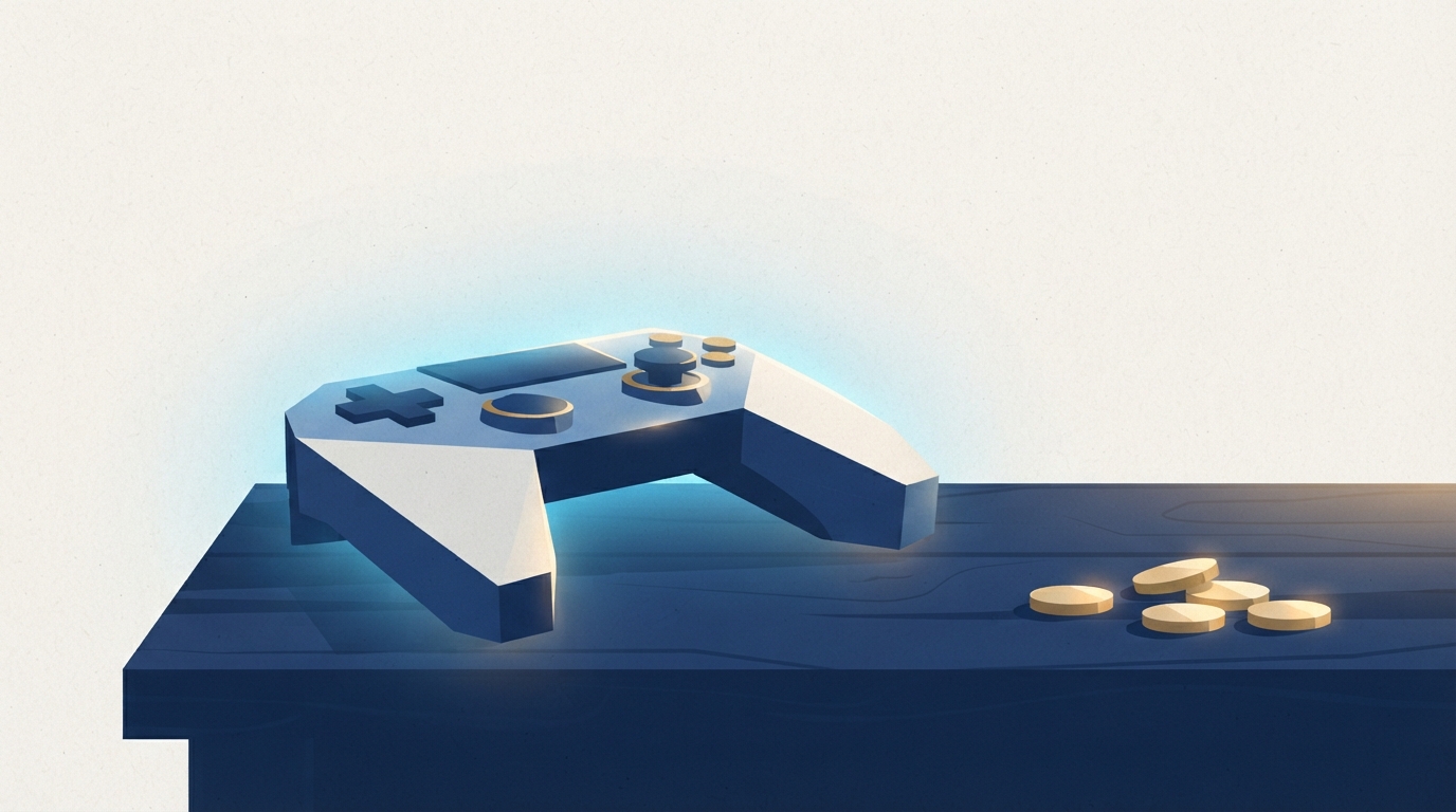Ilustração: controle de videogame sobre mesa com iluminação neon