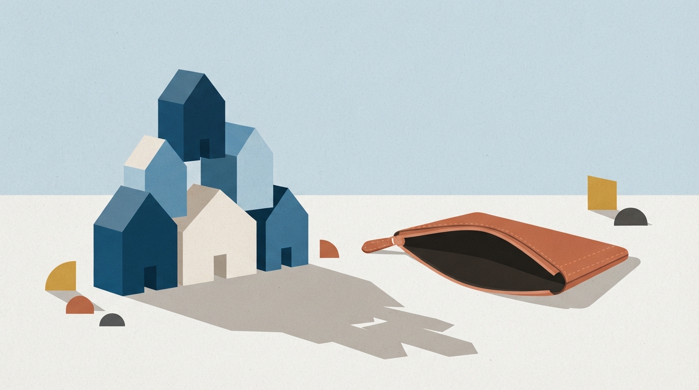 Ilustração: blocos de madeira em forma de casas ao lado de uma carteira vazia, representando o impasse no financiamento imobiliário.