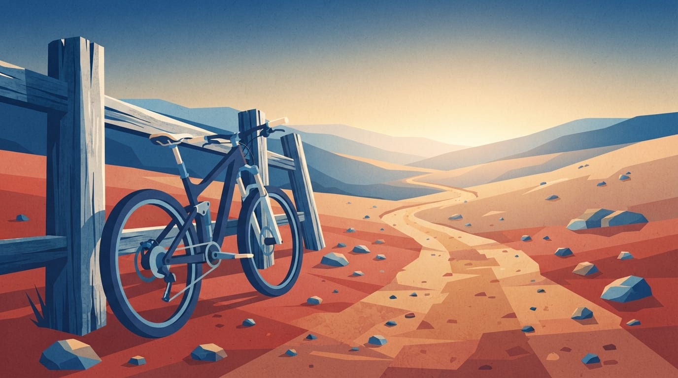 Ilustração: bicicleta de mountain bike e trilha em paisagem de serra