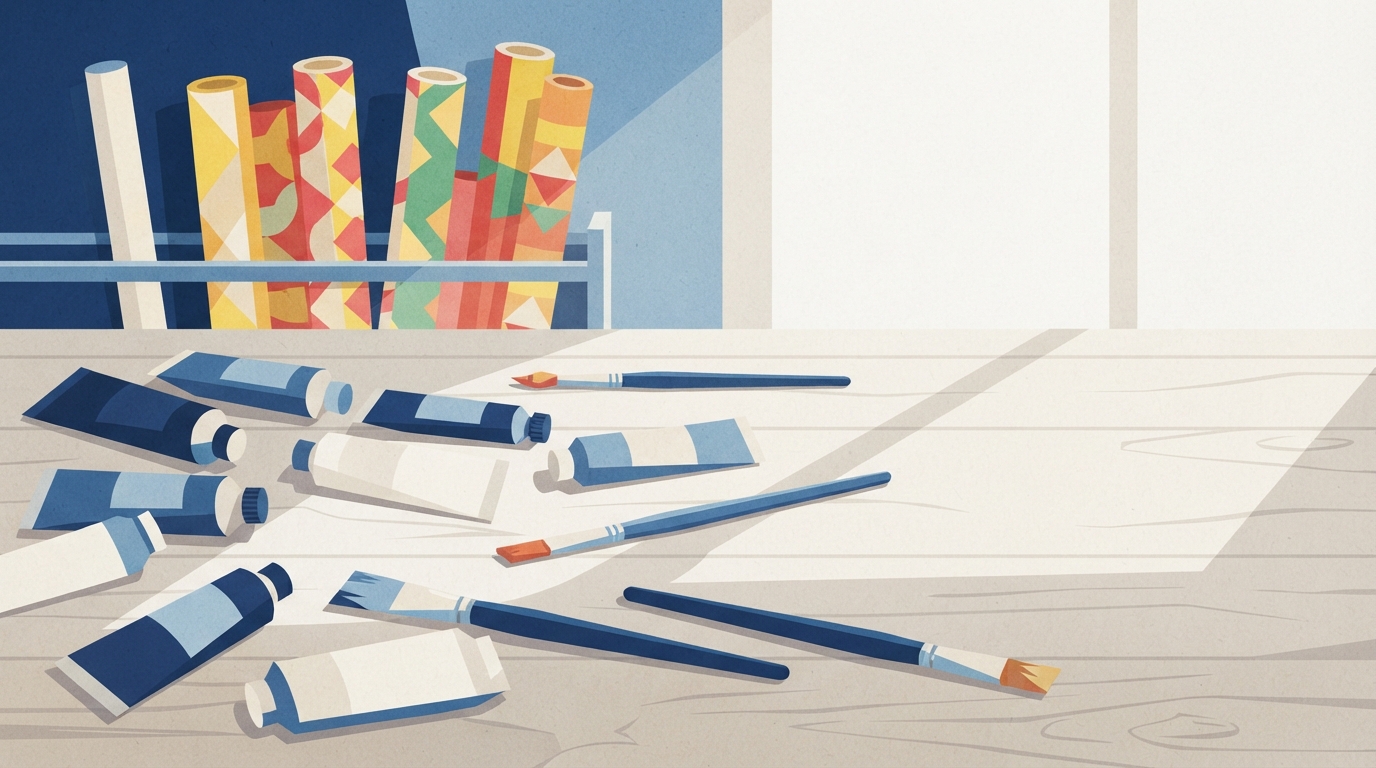 Ilustração: tintas coloridas, pincéis e papéis de cores vibrantes sobre mesa de trabalho.