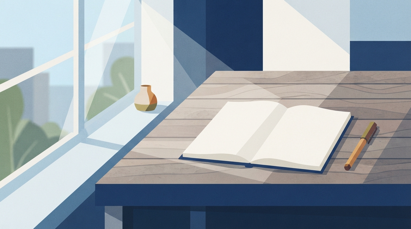 Ilustração: mesa de madeira com caderno aberto em branco e caneta, sob luz natural suave
