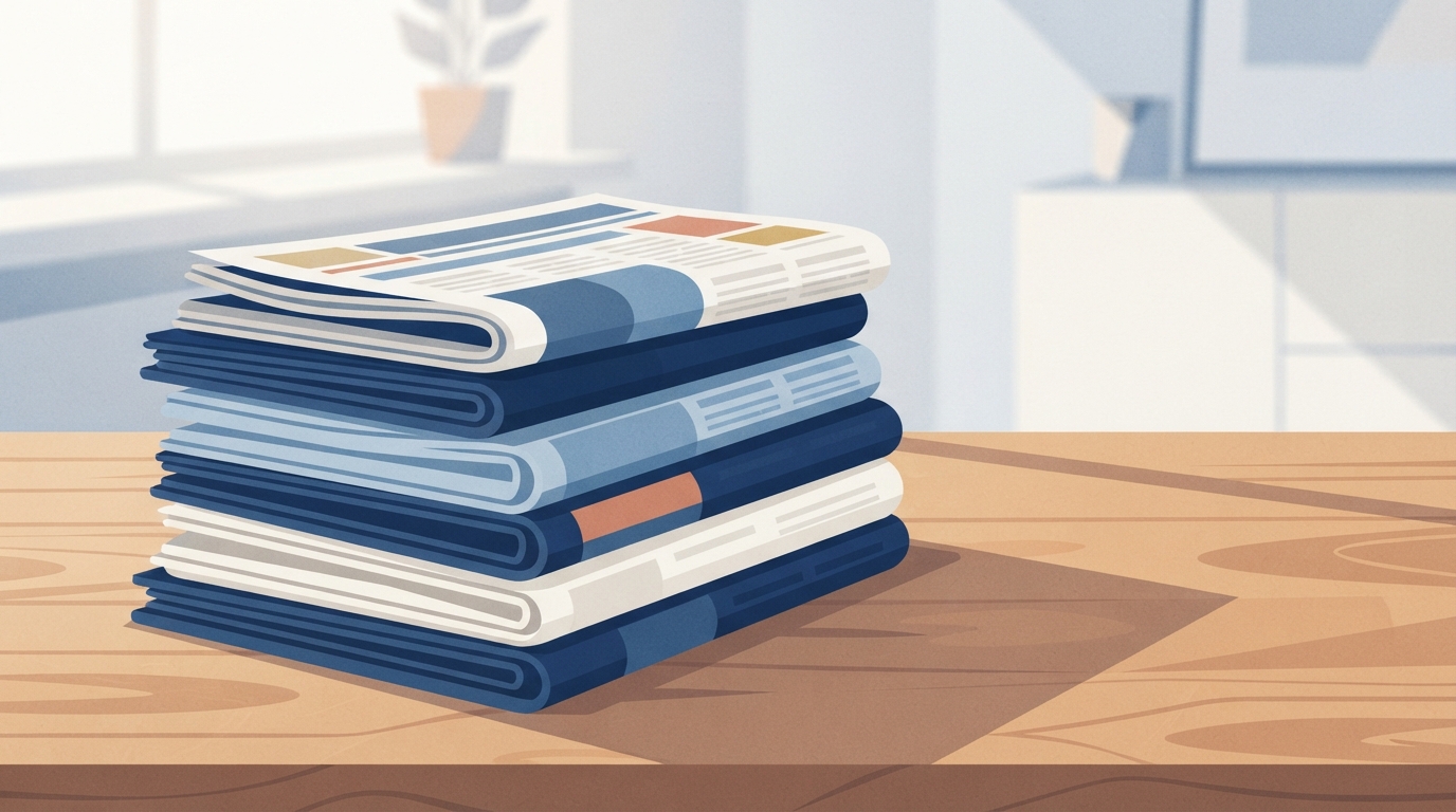 Ilustração: jornais empilhados sobre uma mesa em luz suave.