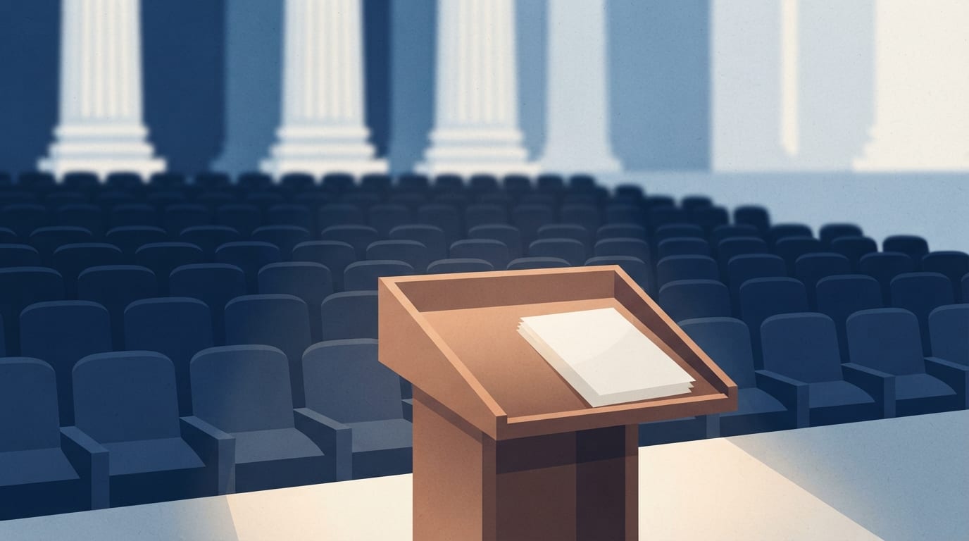Ilustração: Pódio em madeira com documentos em uma sala de eventos, representando debates institucionais sobre gestão pública.