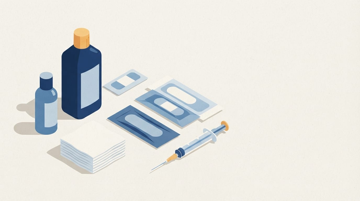 Ilustração: materiais médicos de primeiros socorros dispostos sobre superfície branca.