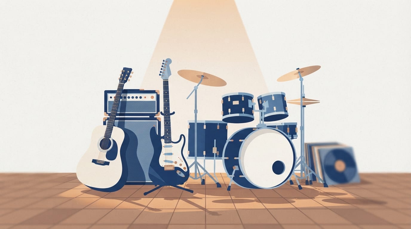 Ilustração: instrumentos musicais e equipamento de som dispostos em composição abstrata com iluminação de palco.