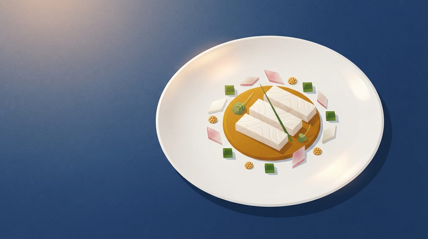 Ilustração: prato elegante com arranjo minimalista de ingredientes em cerâmica branca.