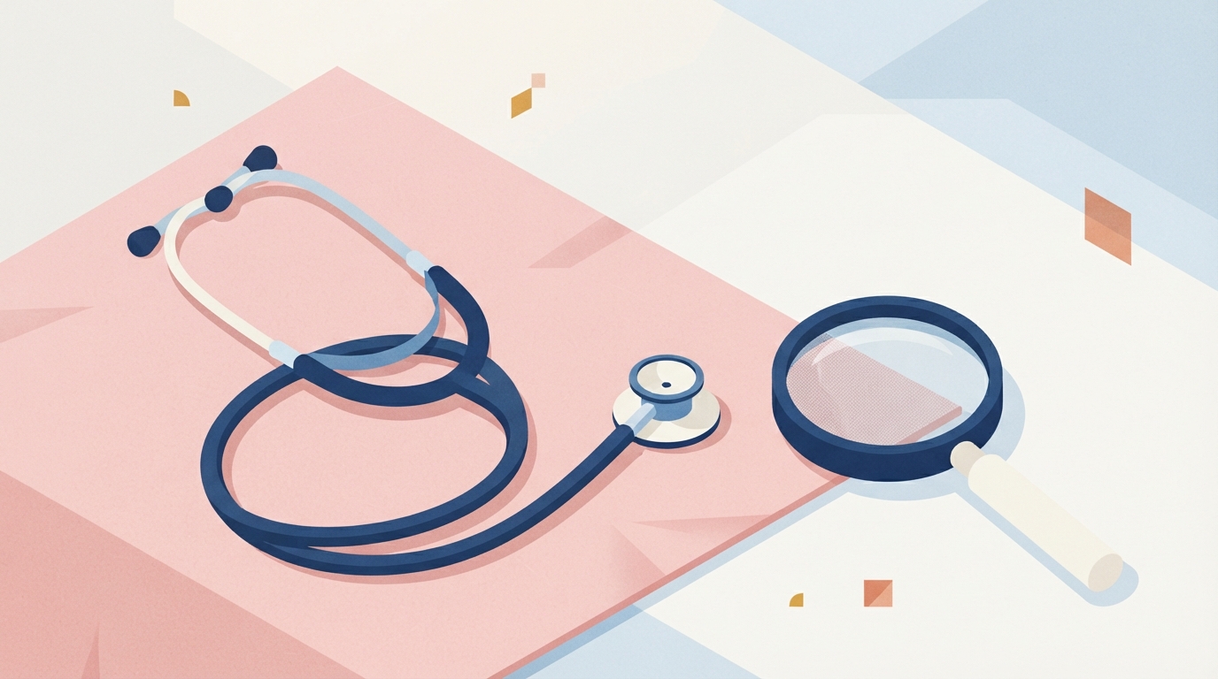 Ilustração: Estetoscópio e lupa sobre tecido rosa, representando diagnóstico e prevenção médica.