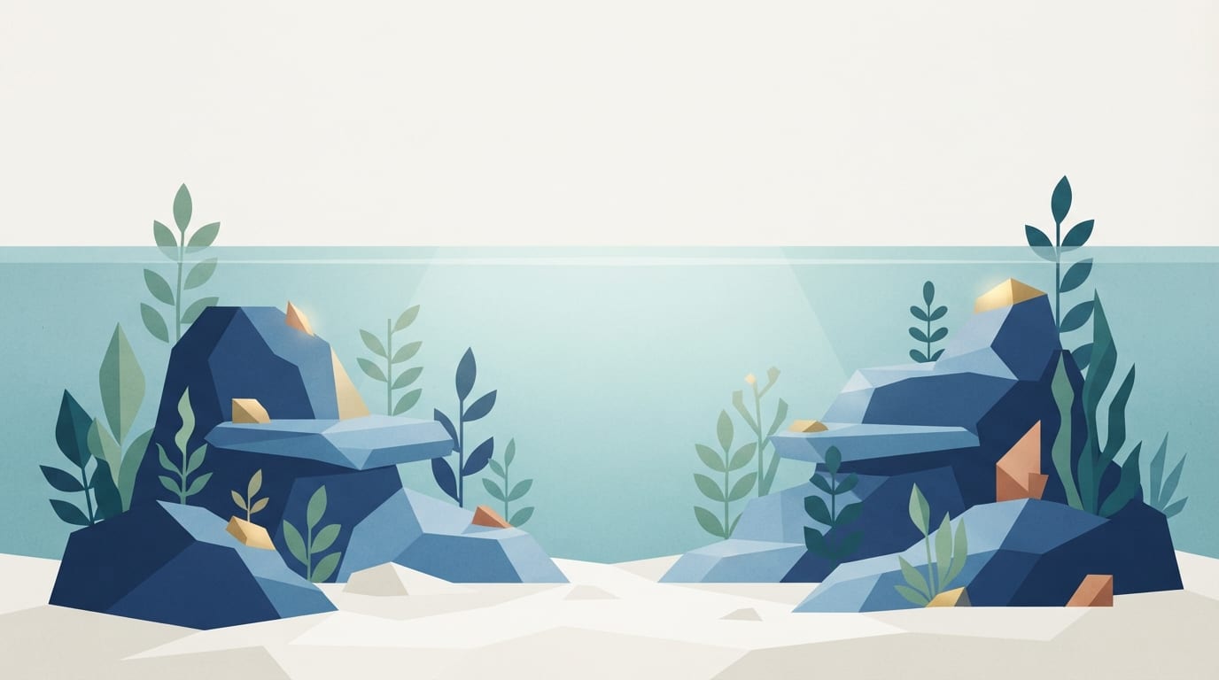 Ilustração: aquário com água azul-esverdeada, iluminação suave e rochas aquáticas.