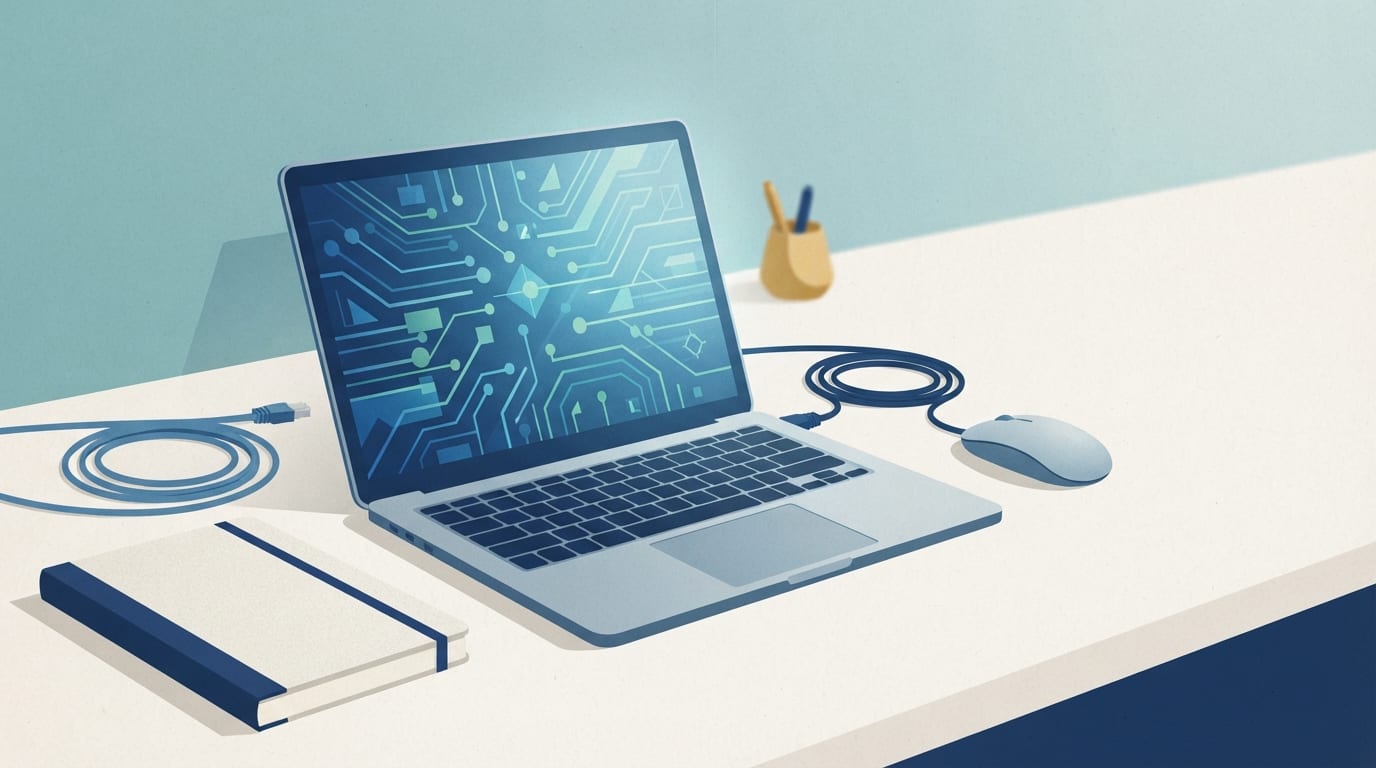 Ilustração: Computador com padrões de circuitos abstratos em tela, cercado por elementos de tecnologia