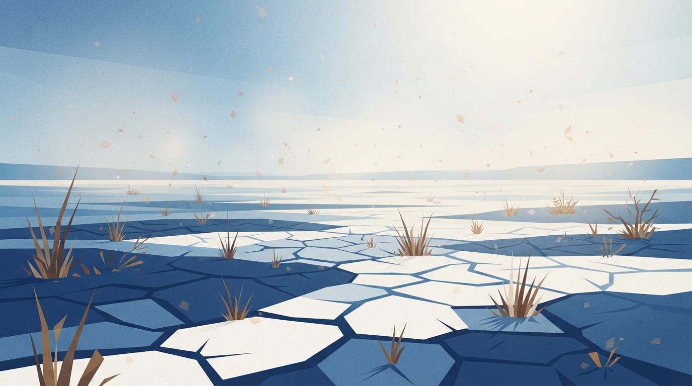 Ilustração: terra ressecada com rachaduras e ar seco e empoeirado.