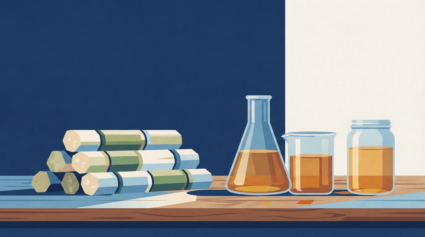 Ilustração: cana-de-açúcar e recipientes com etanol representando a indústria de açúcar e biocombustível.