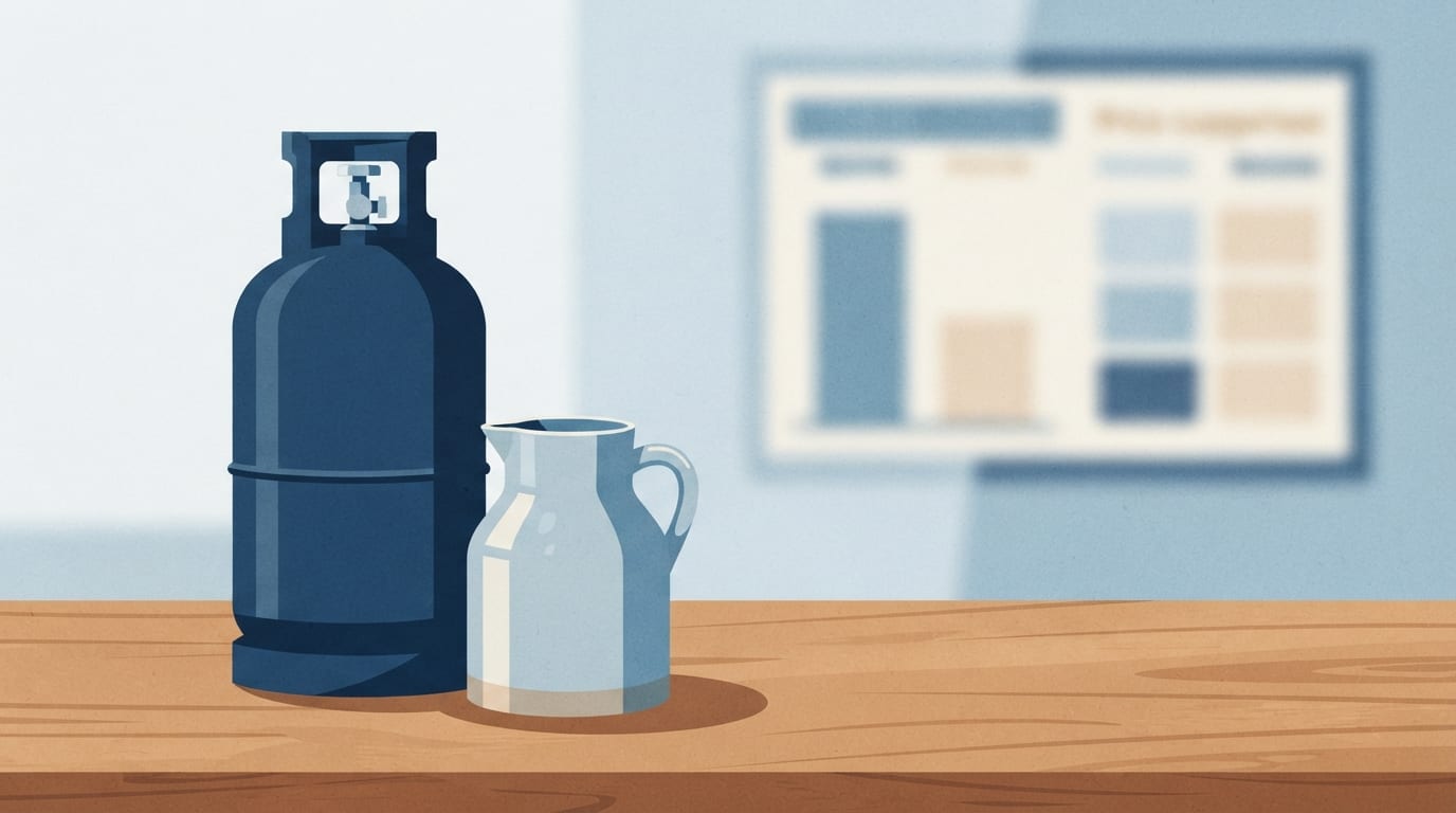 Ilustração: botijão de gás e galão de água sobre superfície de madeira, representando produtos pesquisados.