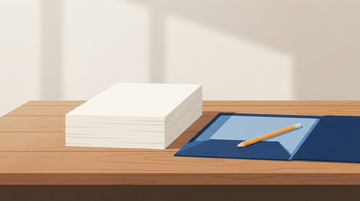 Ilustração: formulários de inscrição empilhados sobre uma mesa com pasta aberta.