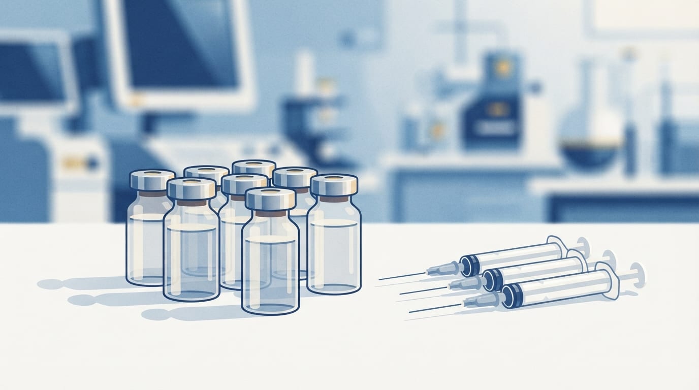 Ilustração: frascos de vacinas e seringas em superfície clara, com equipamentos médicos ao fundo.