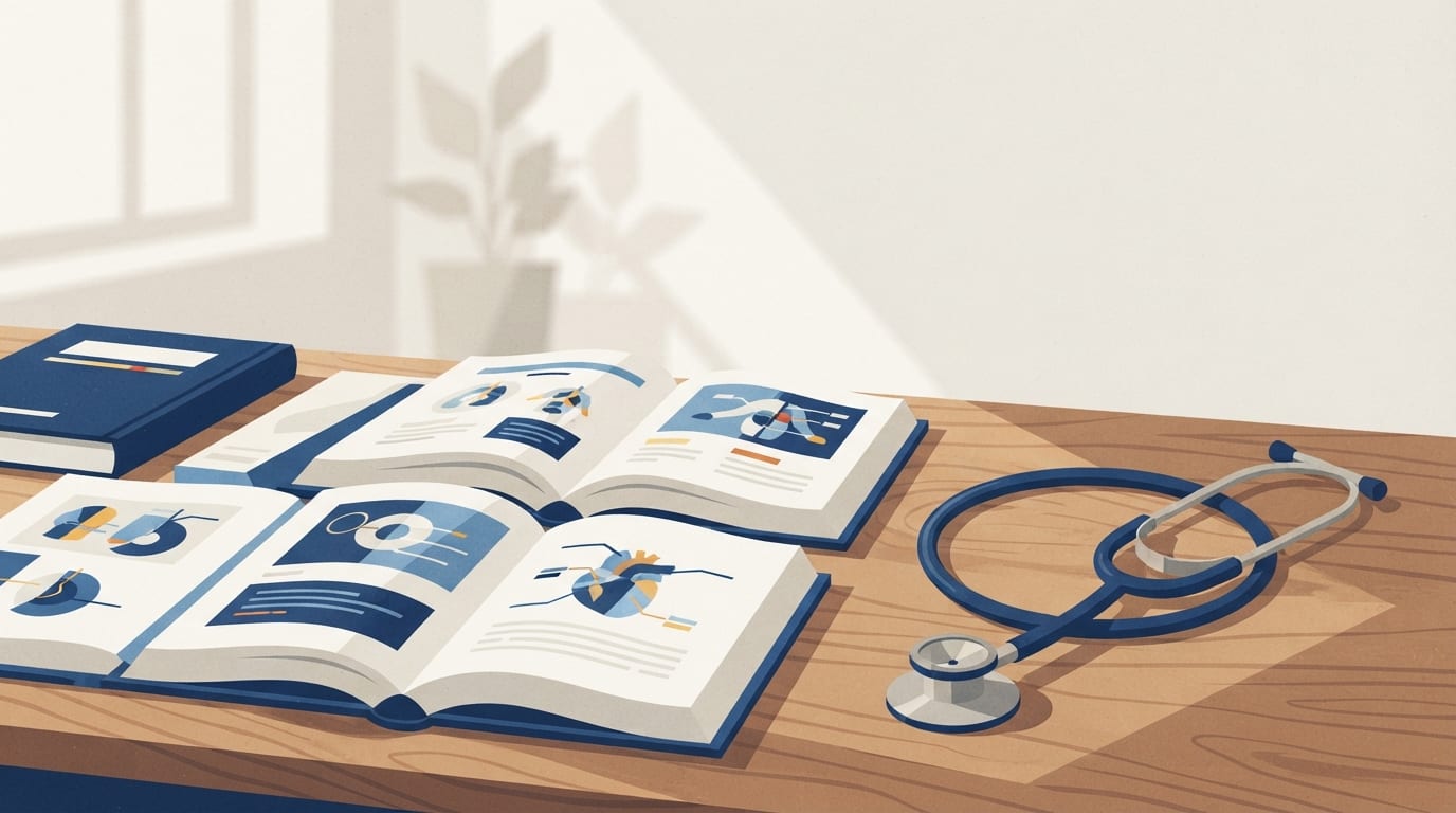 Ilustração: Livros de medicina abertos sobre mesa de madeira com estetoscópio.