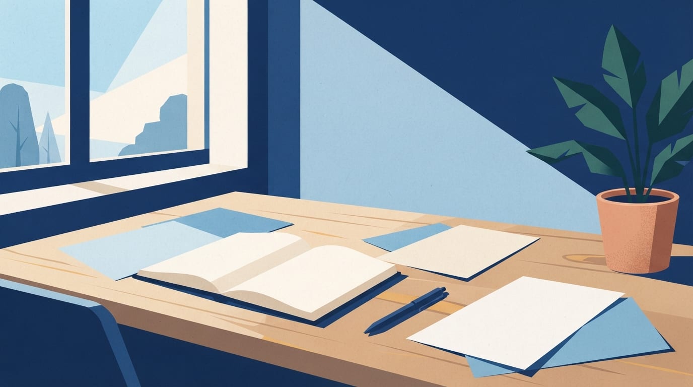 Ilustração: mesa com documentos, caderno e caneta representando oportunidades de emprego e recrutamento.
