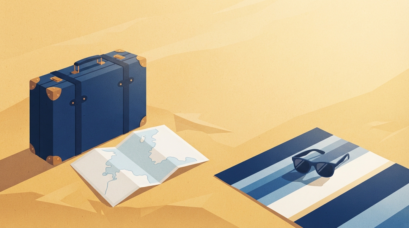 Ilustração: mala de viagem, mapa e acessórios de praia sobre areia com luz solar dourada