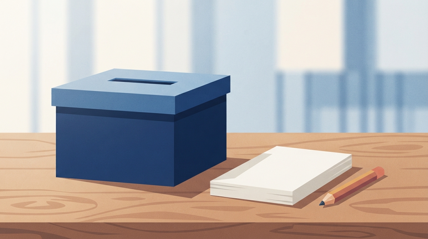 Ilustração: urna de votação genérica em mesa de madeira com cédulas em branco
