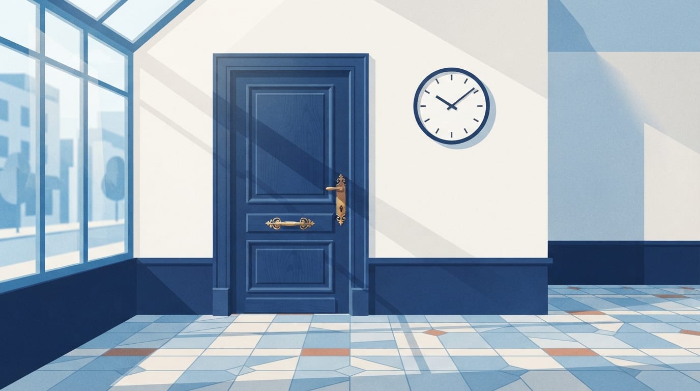Ilustração: porta de loja e relógio analógico representando mudanças de horários.