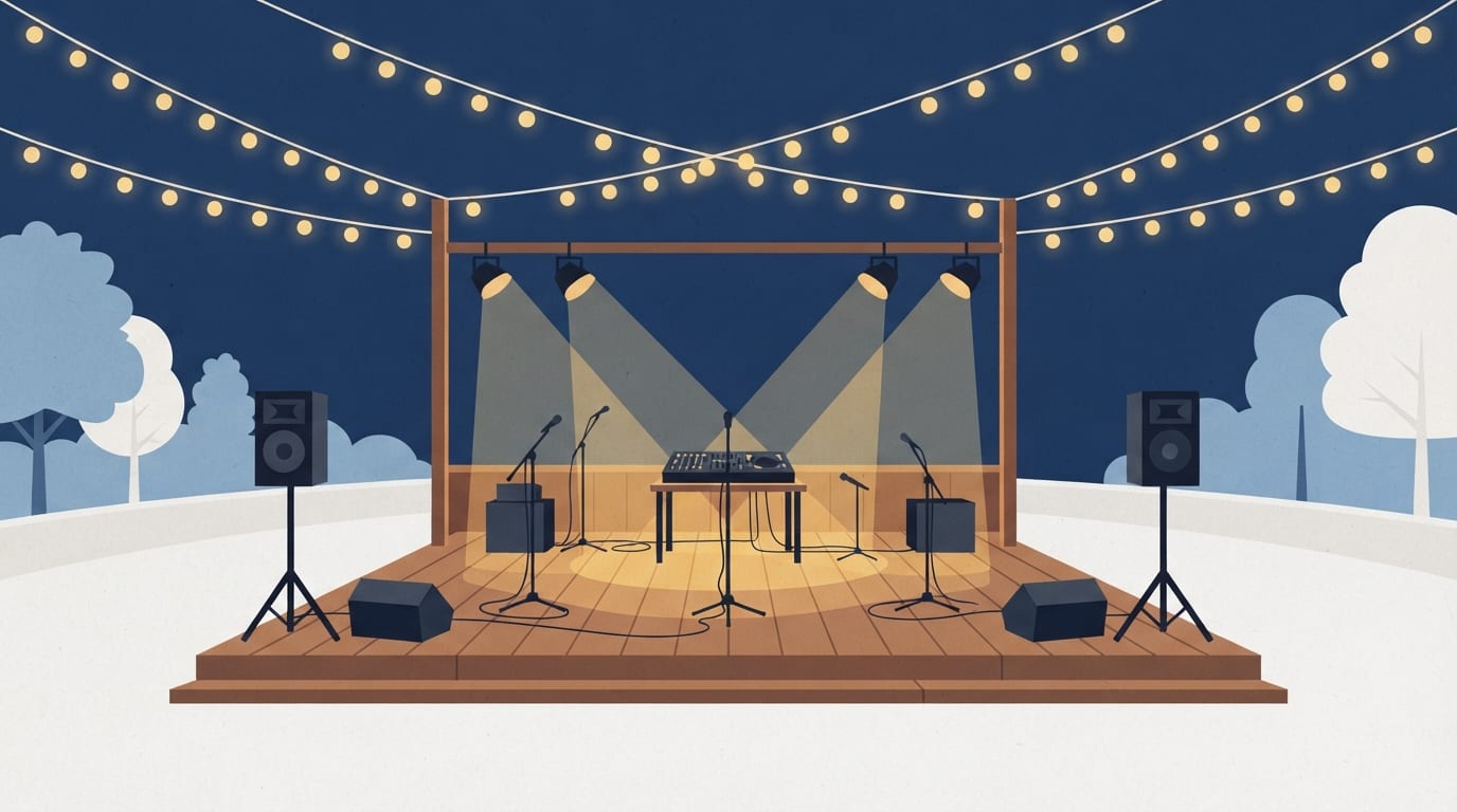 Ilustração: palco com iluminação amarela e luzes decorativas para apresentação em festa.