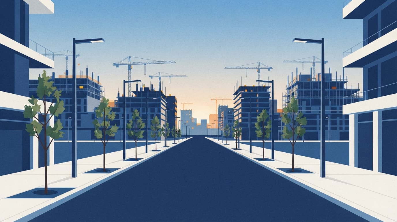 Ilustração: rua pavimentada com árvores novas e iluminação moderna, com prédios em construção ao fundo.