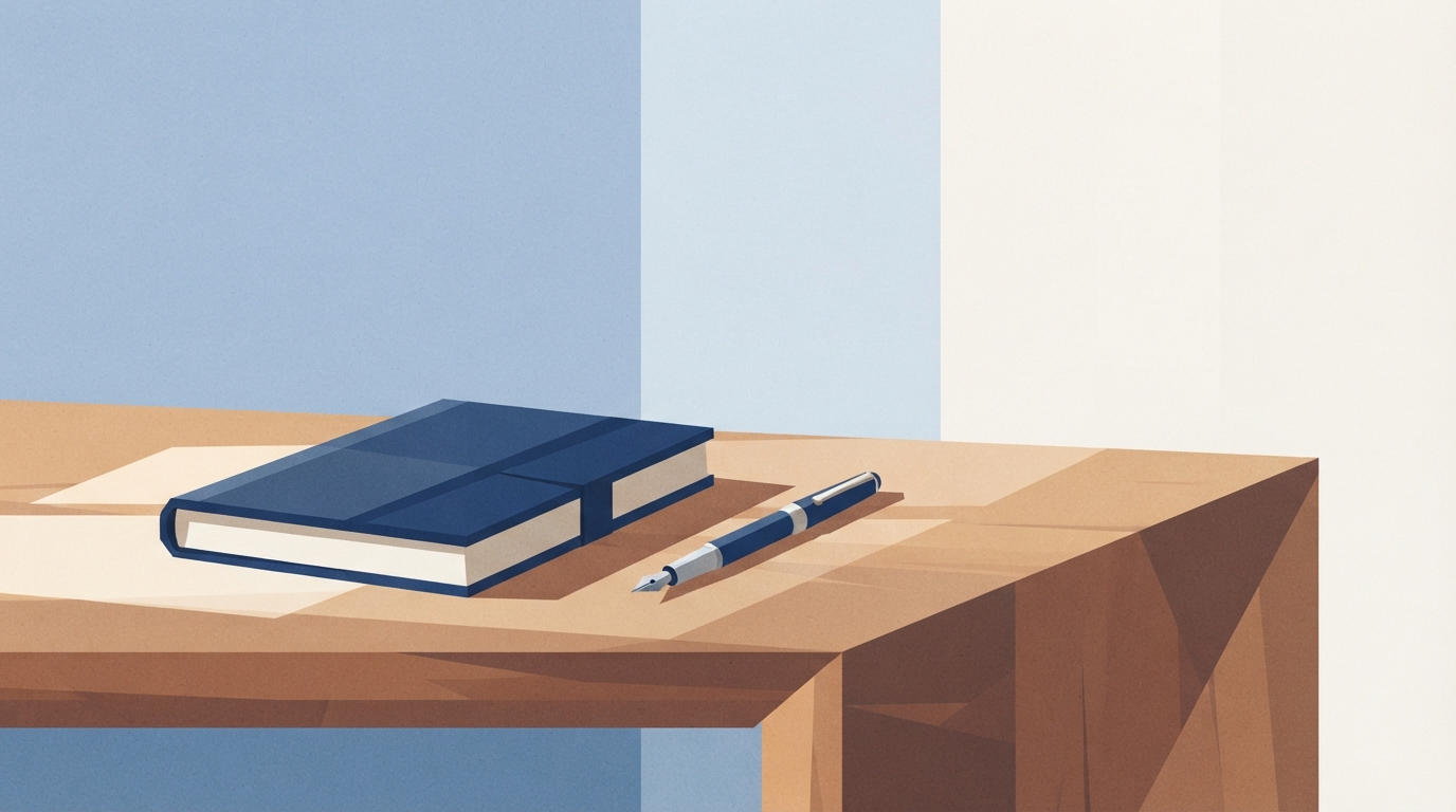 Ilustração: mesa de madeira com diário fechado e caneta, em luz natural suave.