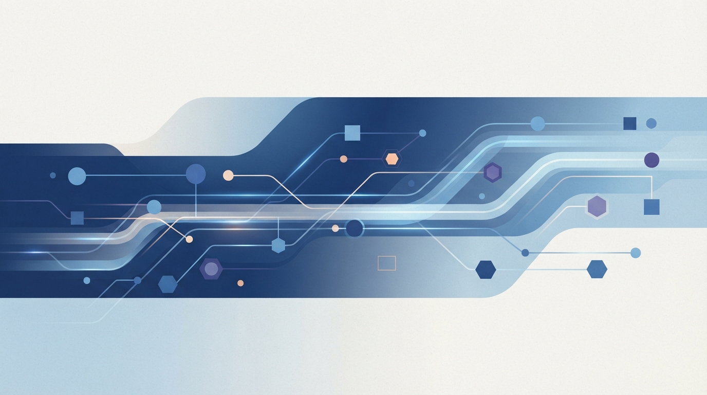 Ilustração: rede abstrata de linhas de luz conectando nós digitais, representando inteligência artificial.