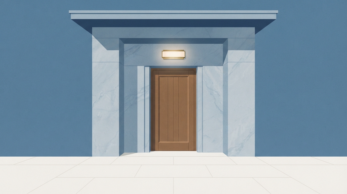 Ilustração: porta fechada de edifício oficial com iluminação discreta.