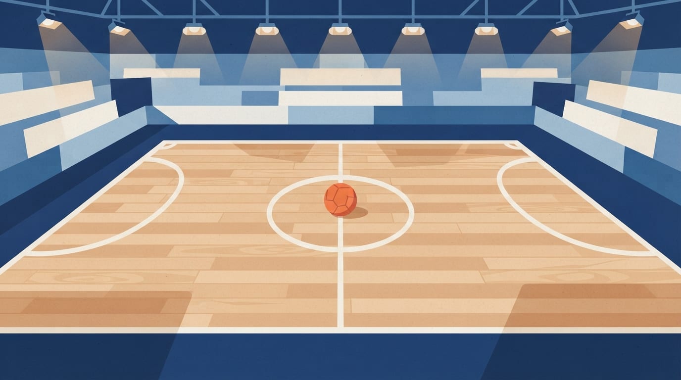 Ilustração: quadra de futsal com bola laranja no centro, linhas brancas e iluminação de estádio.