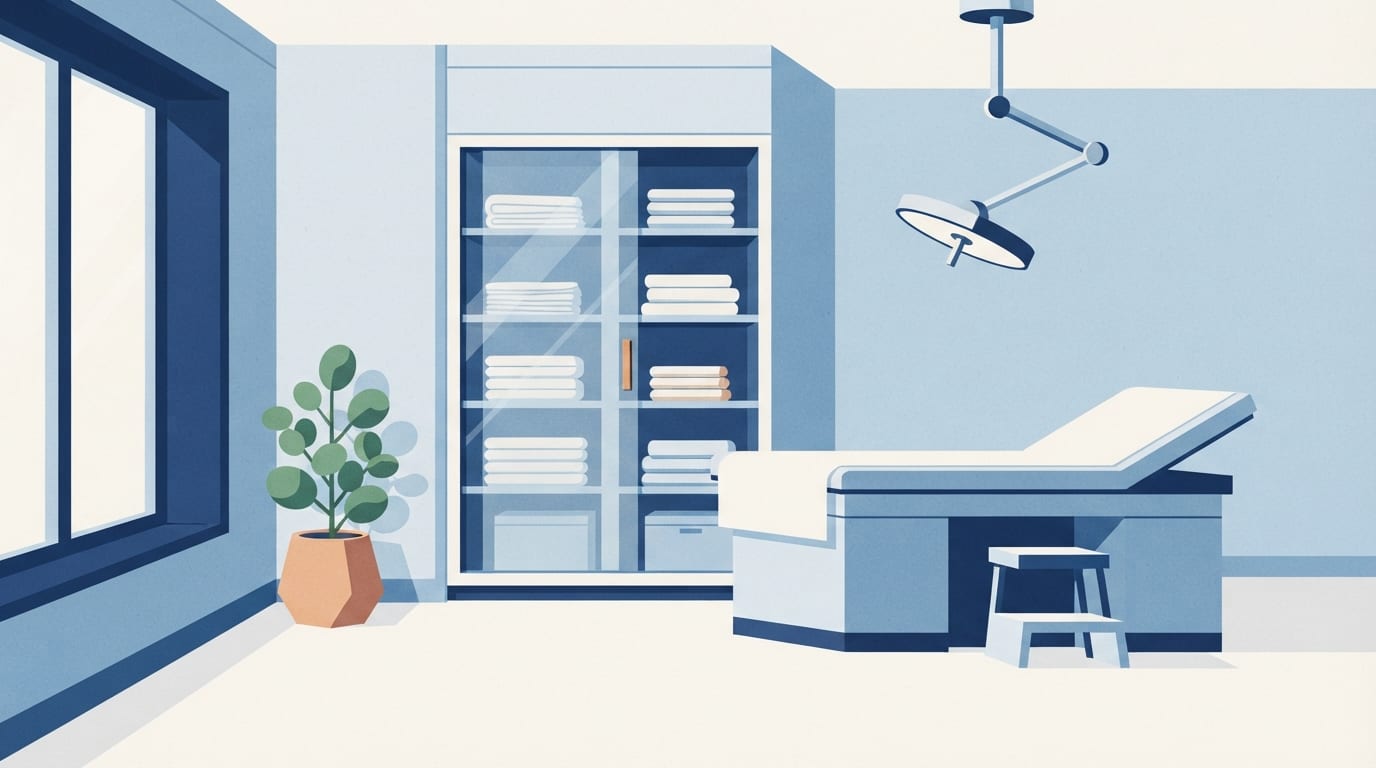 Ilustração: consultório médico com armário de vidro contendo material clínico e planta no canto.