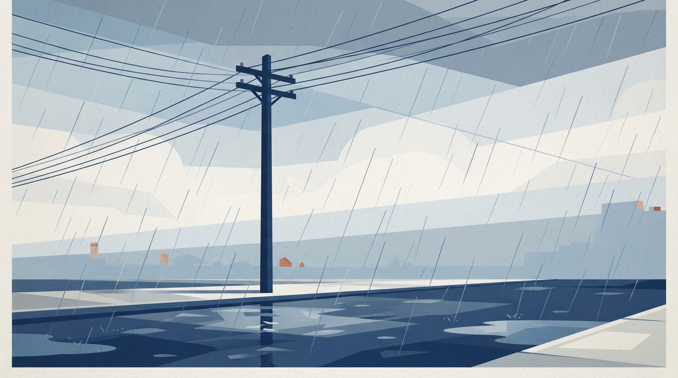 Ilustração: Poste de energia em meio à chuva forte e céu nublado.